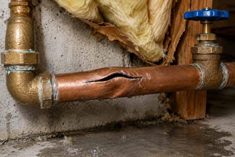 Split and corroded copper pipe showing visible failure damage.
