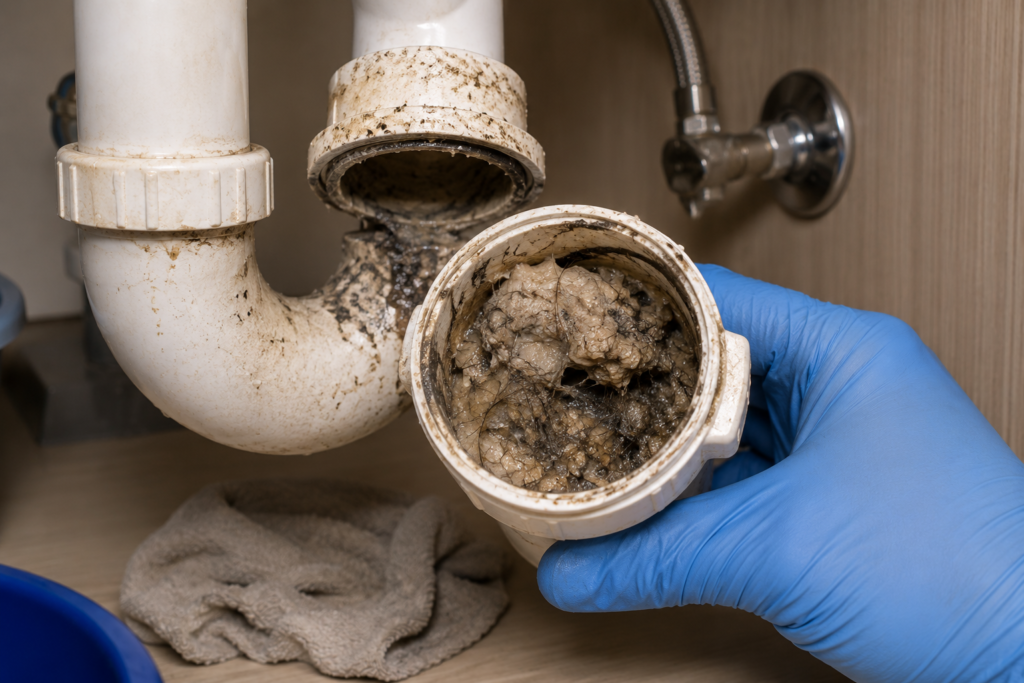 Removed sink P-trap showing hair and residue buildup inside.