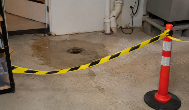 Safety barrier around a wet basement floor drain after a backup.