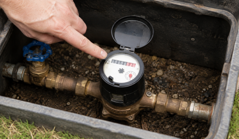 Residential water meter with shutoff valve and plumbing connections.