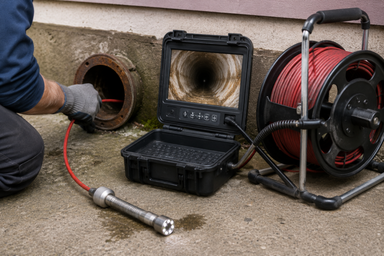 Sewer inspection camera and monitor in use at a residential cleanout.