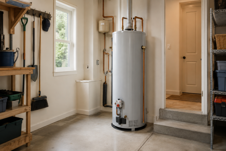 Residential tank water heater with surrounding utility-room installation space.