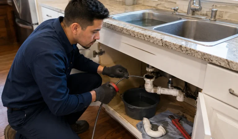 Plumber using a drain cable beneath a kitchen sink.