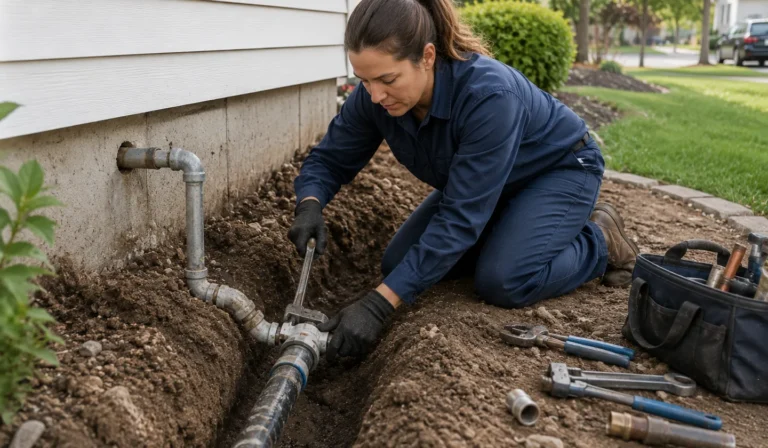 Plumbing professional working on an exposed water line beside a house.