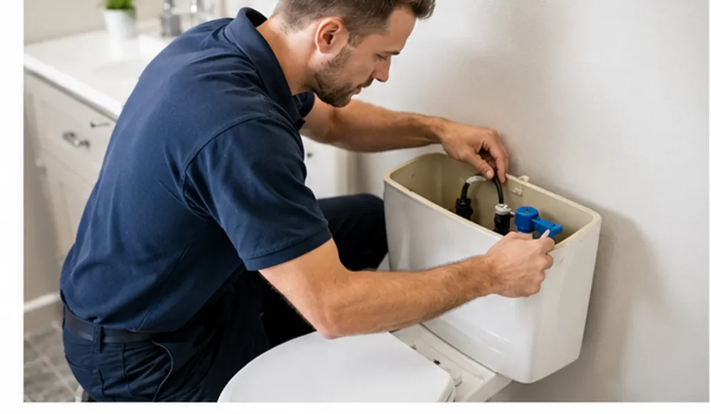 Plumbing professional adjusting components inside a toilet tank.