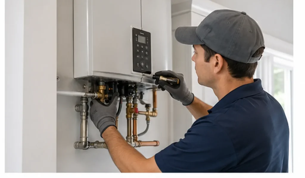 Plumbing professional inspecting connections beneath a wall-mounted water heater.