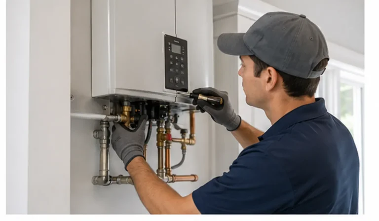 Plumbing professional inspecting connections beneath a wall-mounted water heater.